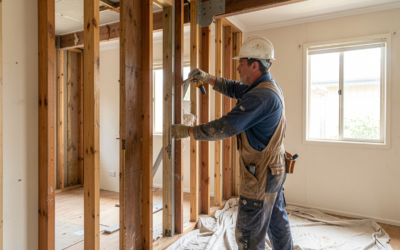 Tradesperson carrying out structural framing work during a kitchen rebuild in an Illawarra home