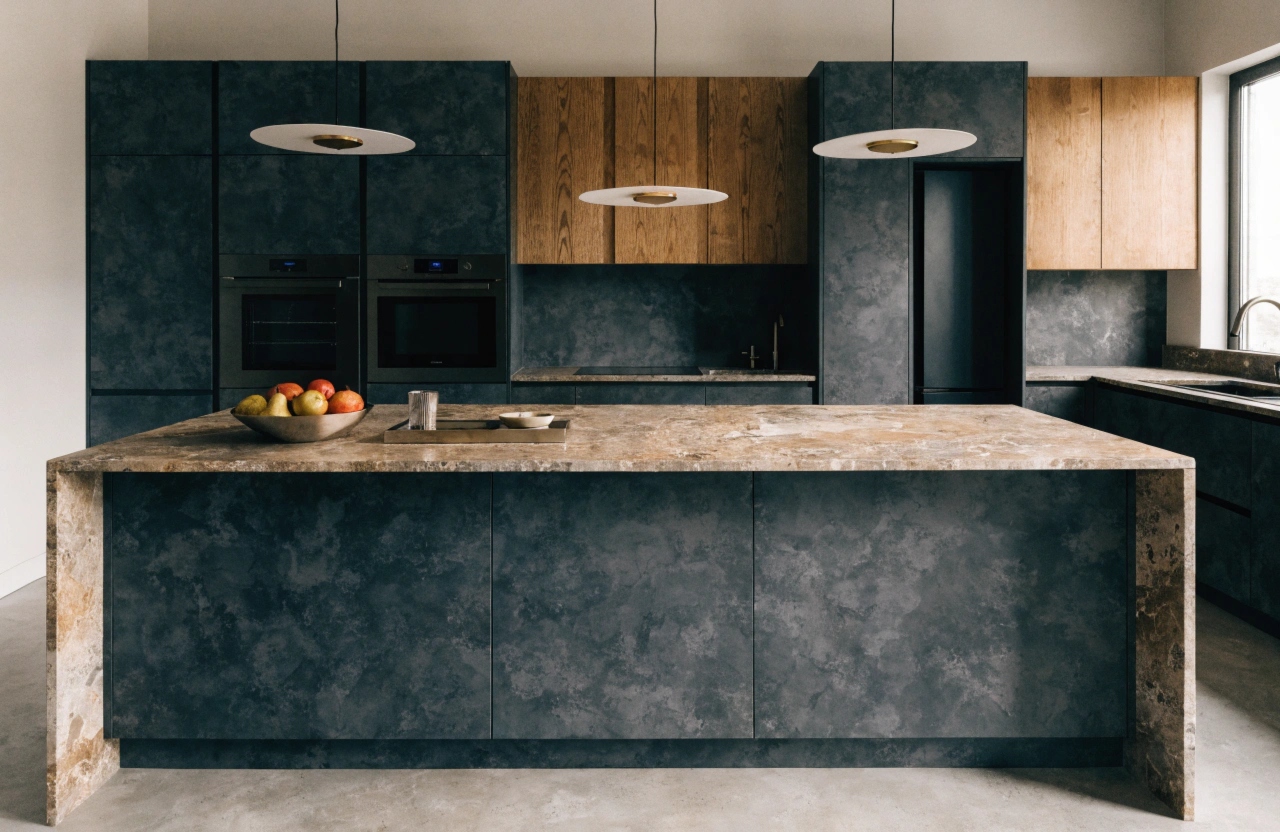 Display home kitchen with handleless two-tone cabinetry and waterfall benchtop, Wollongong