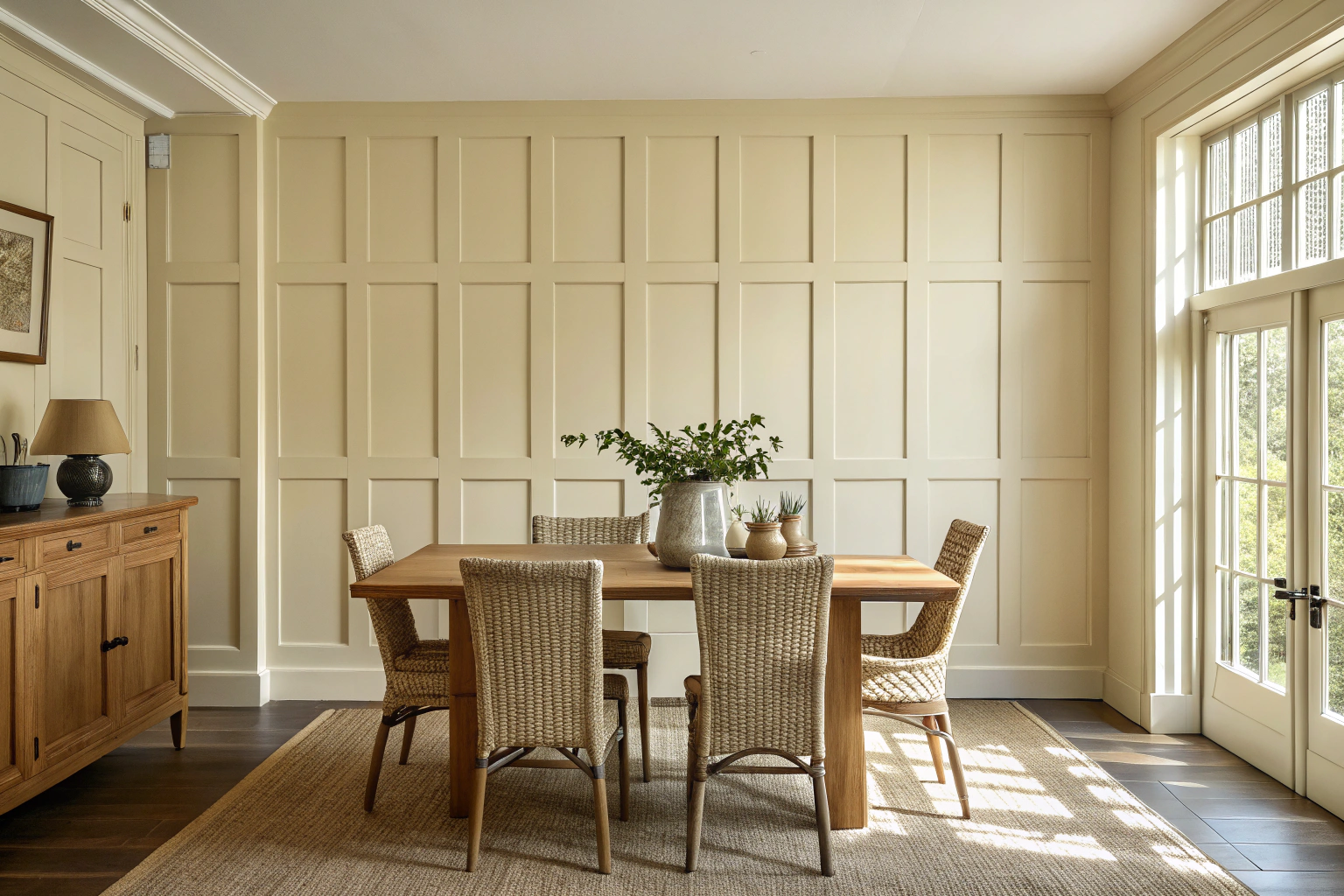 Full-height shaker-style timber panelled wall in a dining room