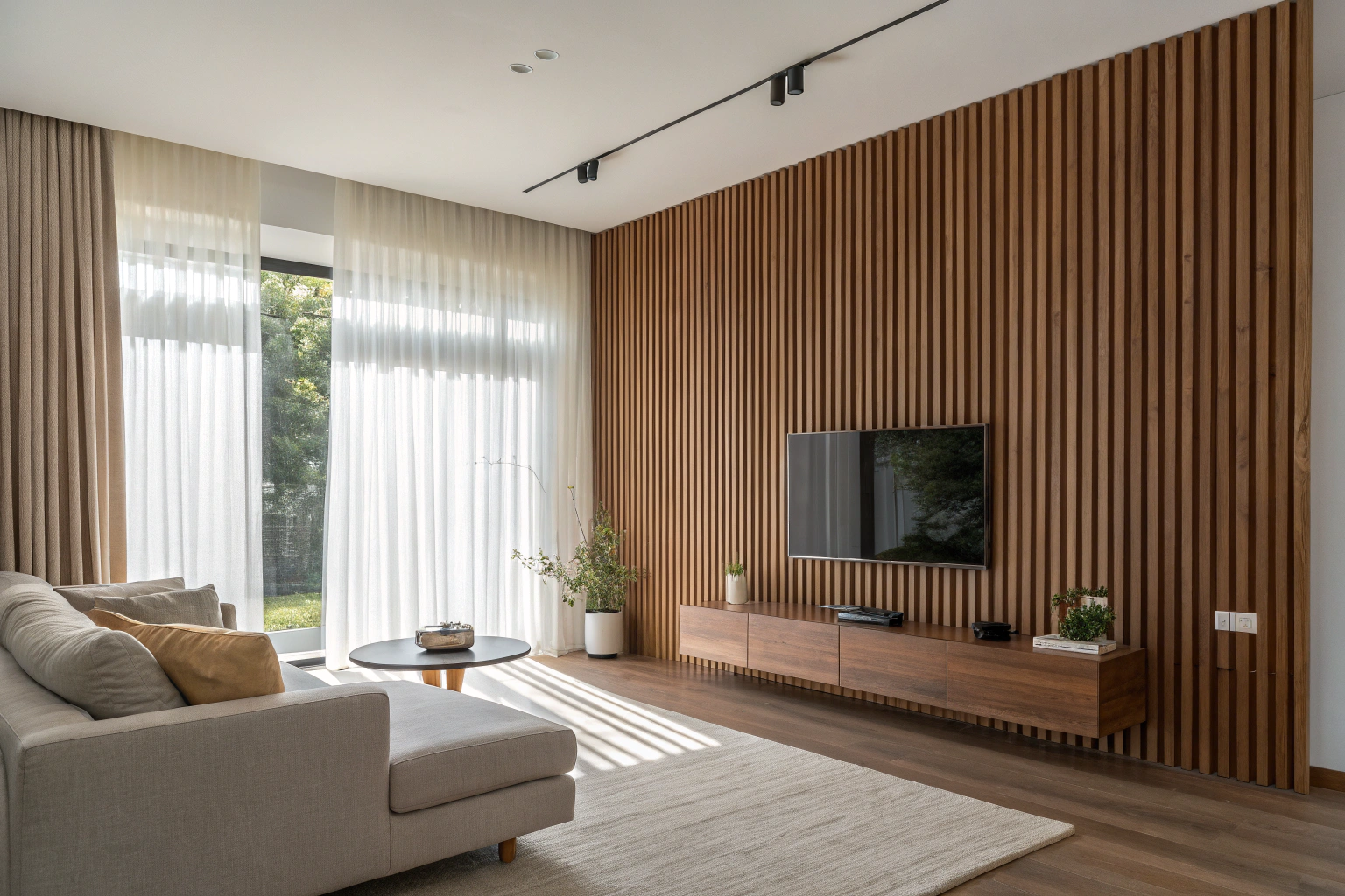 Floor-to-ceiling timber slat feature wall in a living room with mounted TV