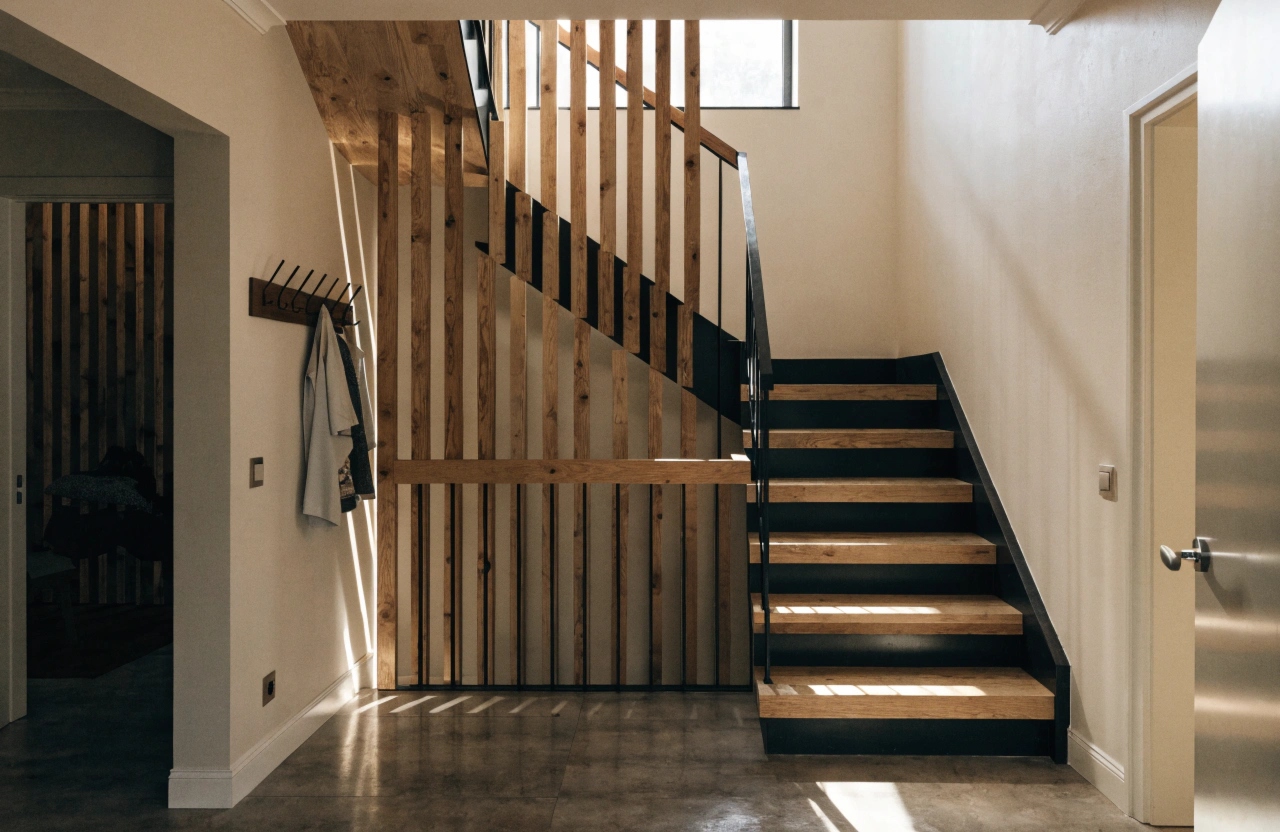 Timber feature staircase joinery in a display home entry, Illawarra