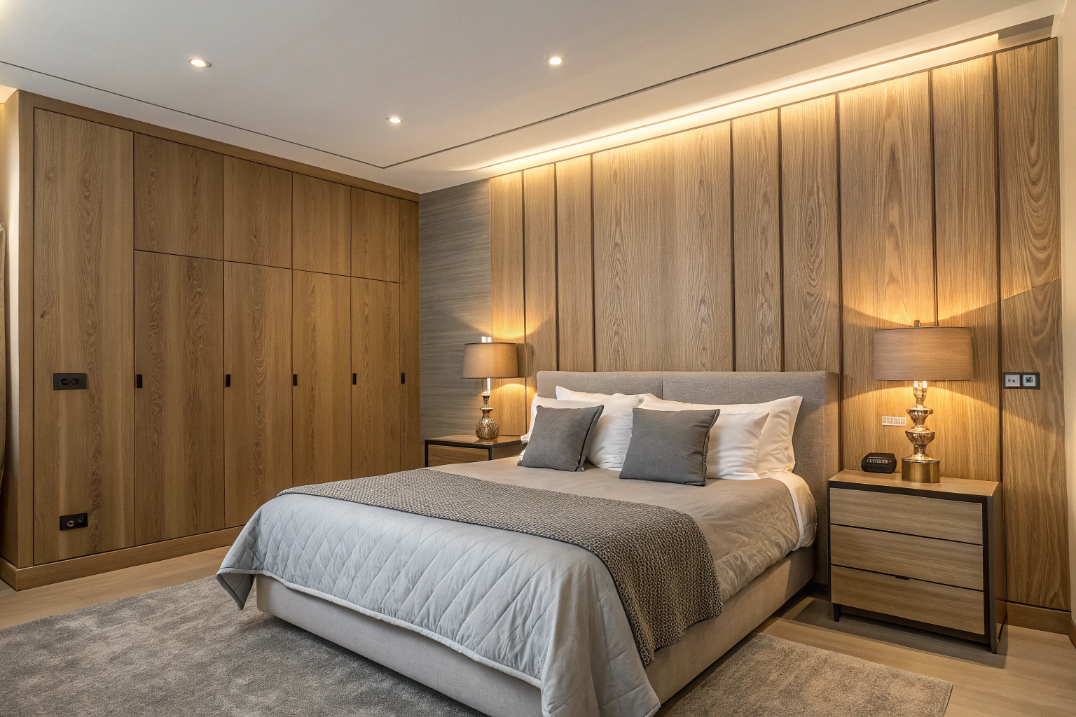 Oak timber veneer feature wall and built-in wardrobes in a bedroom