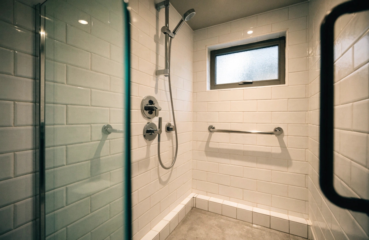 Accessible bathroom renovation featuring step-free shower and grab rails in Wollongong
