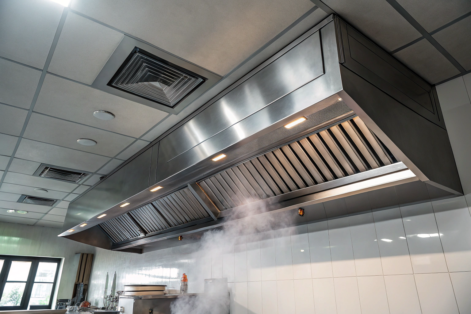 Commercial kitchen exhaust canopy and ventilation
