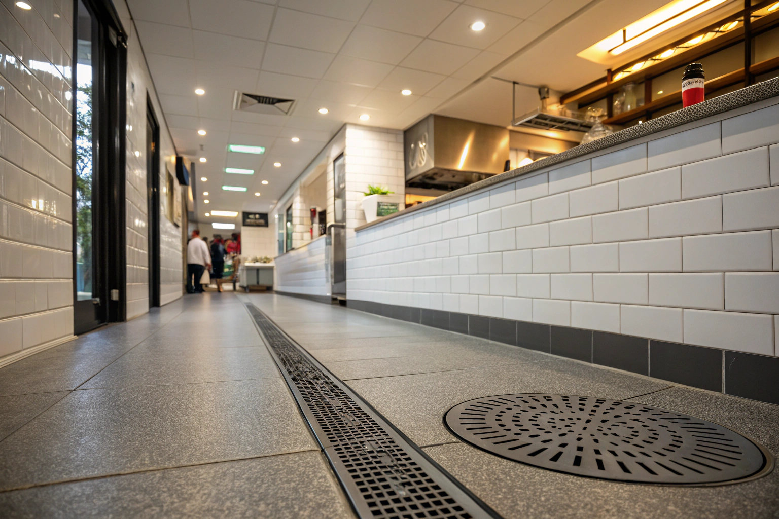 Non-porous splashback and commercial kitchen flooring
