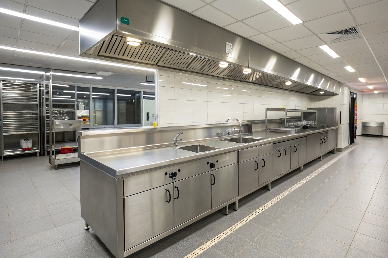 Commercial-grade stainless steel benchtops and cabinetry