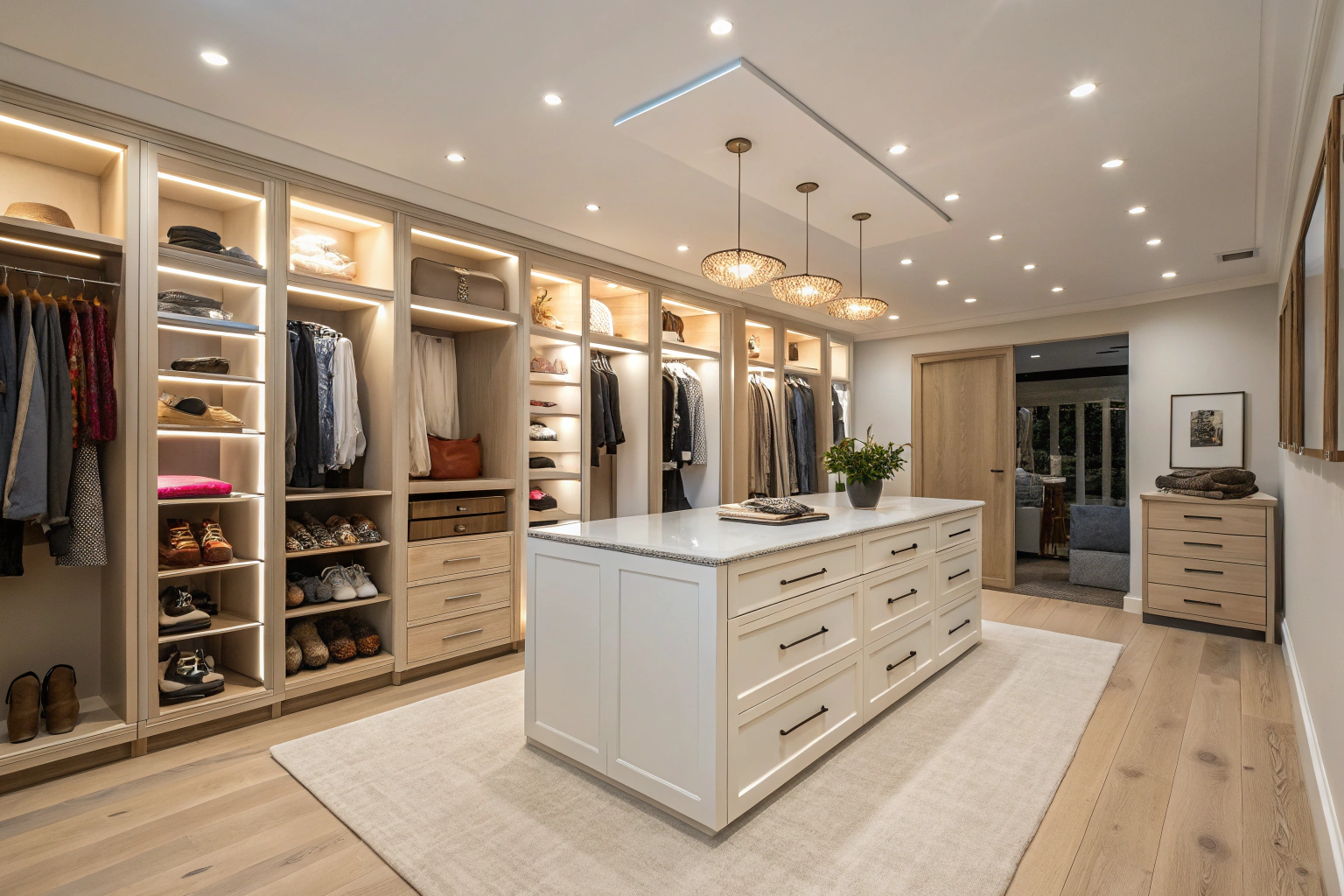 Custom walk-in wardrobe with island unit and integrated lighting