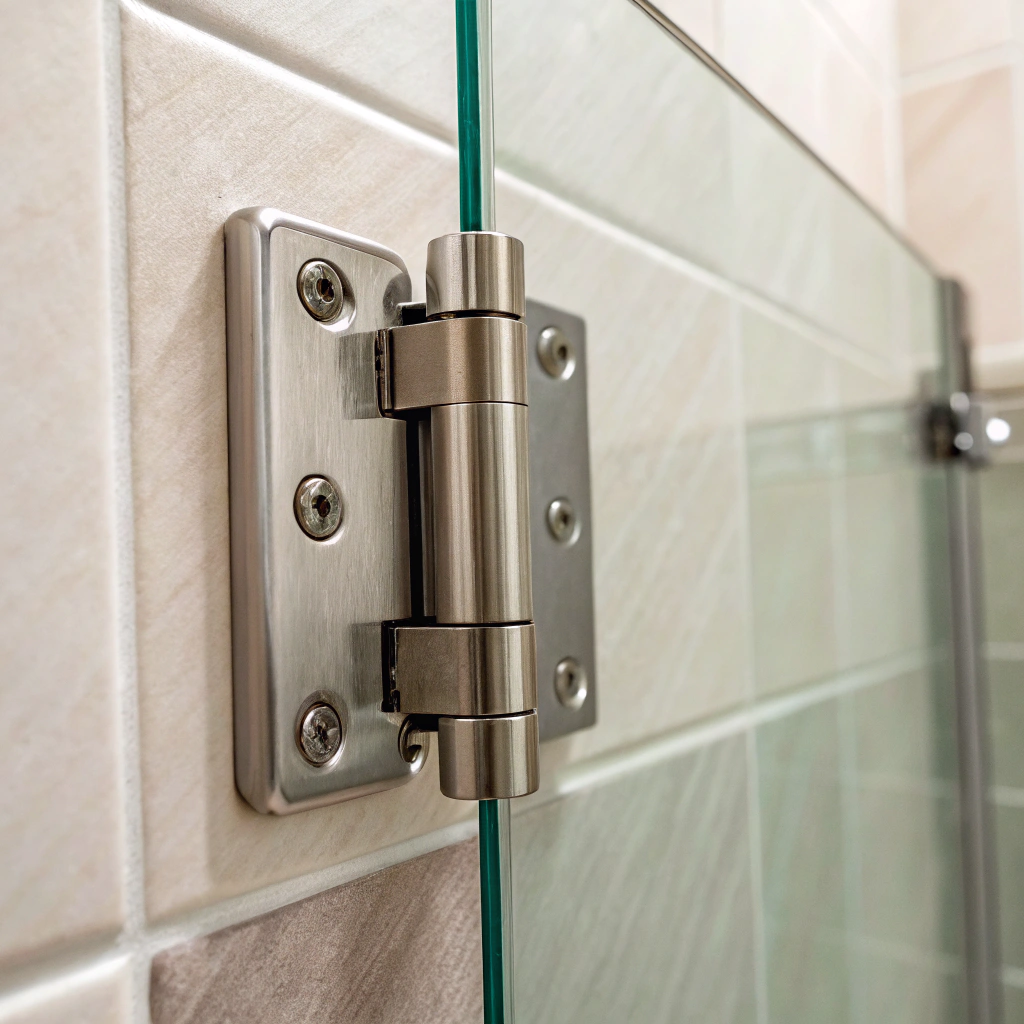 Frameless shower screen hinge detail Wollongong