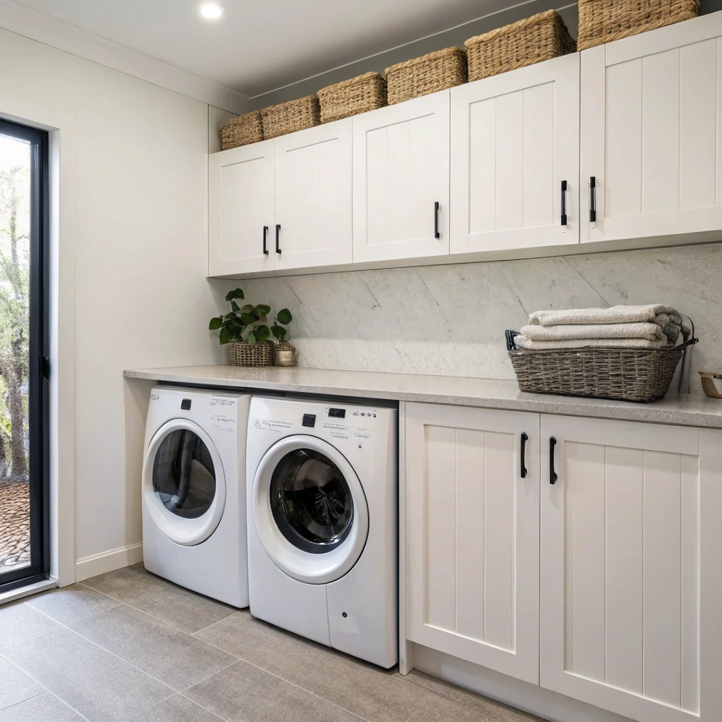Front loader washing machine with bench space and overhead cabinetry in renovated laundry
