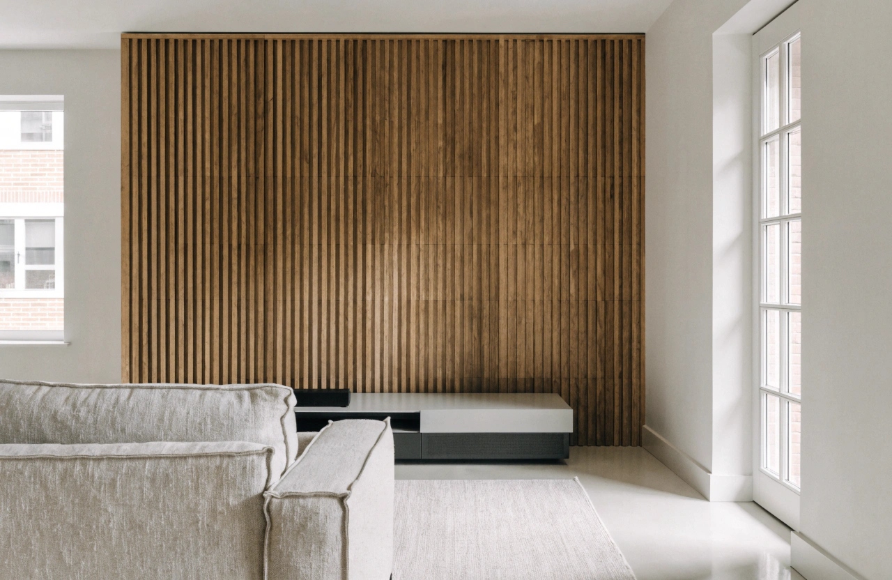Slatted timber feature wall in an Illawarra living room