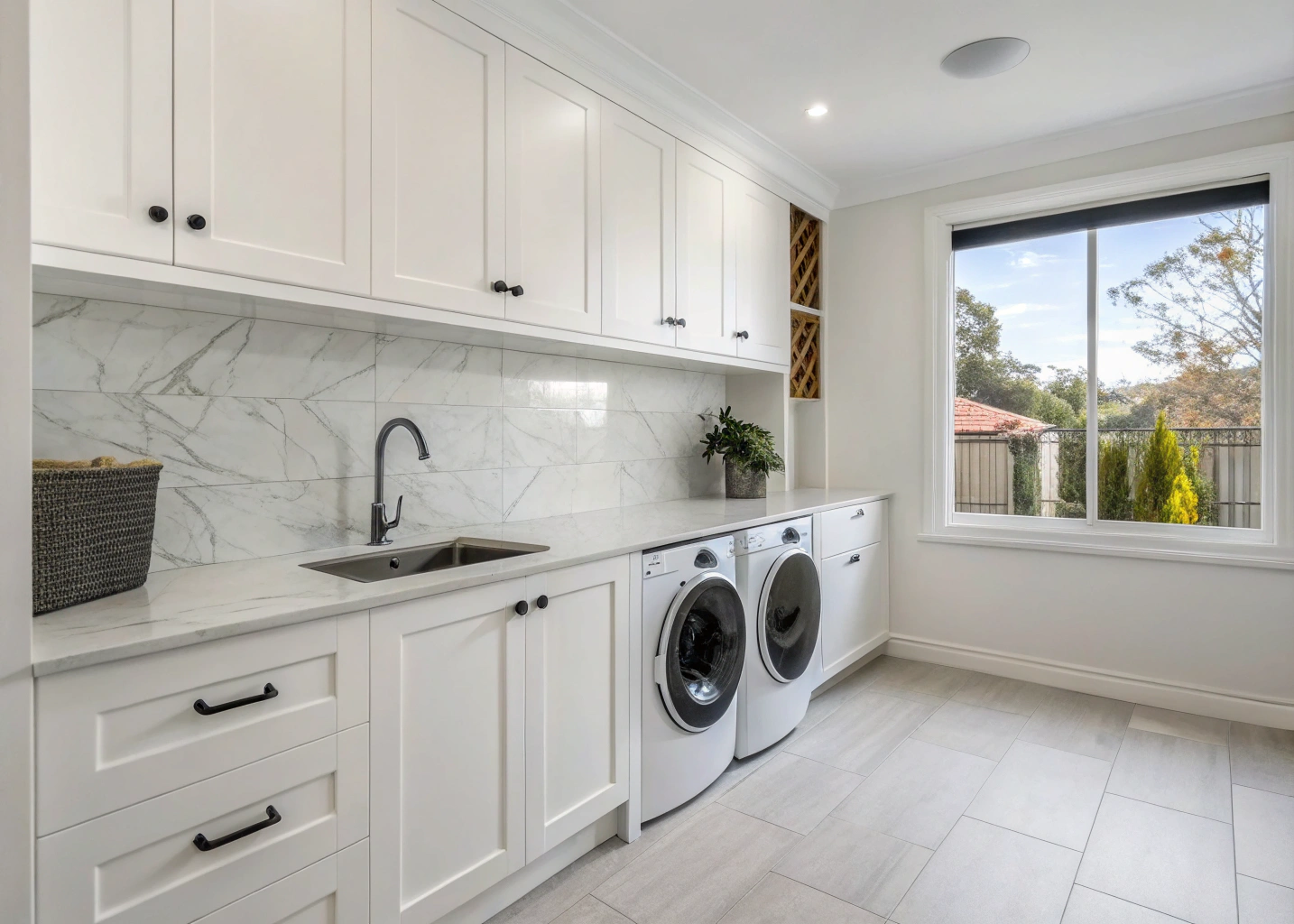 Renovated laundry in Wollongong home with custom cabinetry and stone benchtop