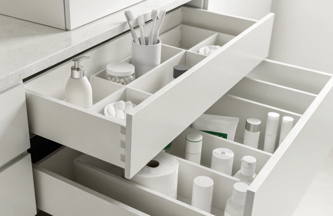Soft-close drawers in a custom bathroom vanity