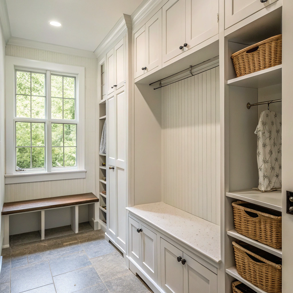 Small laundry renovation with wall-hung cabinetry in Bulli home