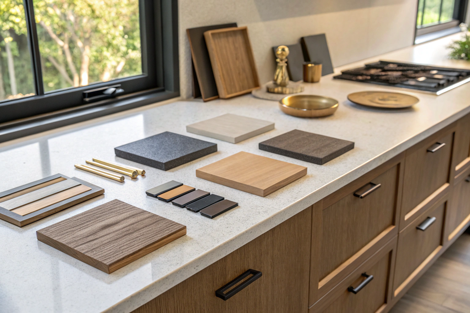 Timber veneer and lacquer finish samples laid out