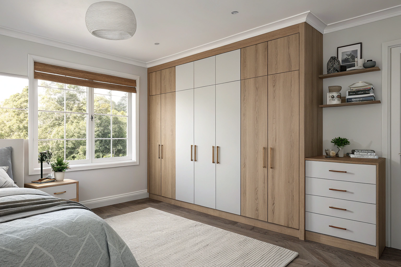 Two-tone wardrobe cabinetry combining painted and timber veneer finishes