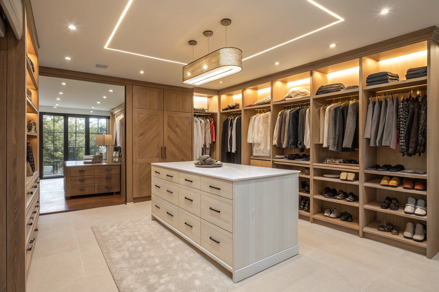 Walk-in wardrobe design with island unit and full-height hanging