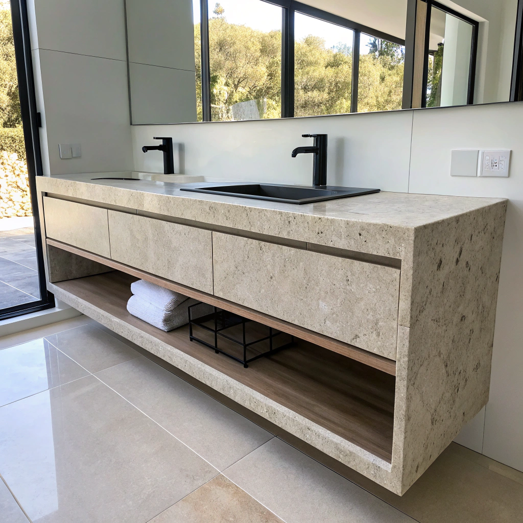 Wall-hung vanity and lever tapware in an accessible bathroom